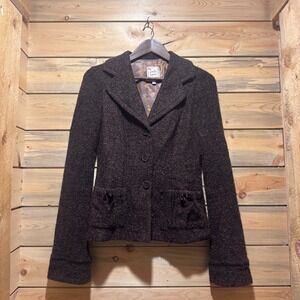 Nanette Lepore Women's Brown Tweed Blazer Jacket Size S Buttons Bow Pockets